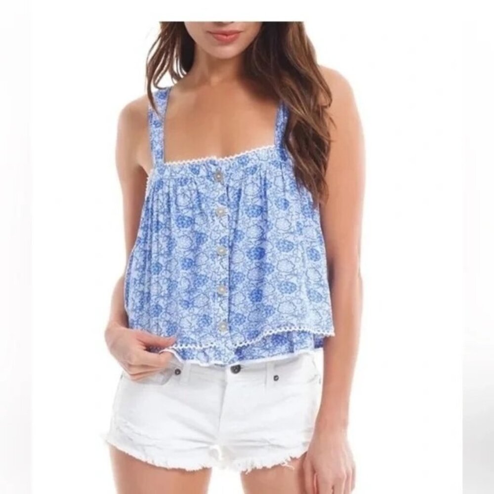 FREE PEOPLE SWEET CAROLINE TOP Floral Print Blue White Sleeveless‎ Medium /o1